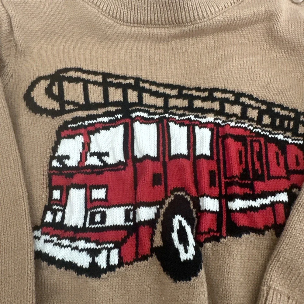 Baby‎ GAP VTG Fire Truck Knit Sweater Fire Engine Tan Toddler 6-12 M